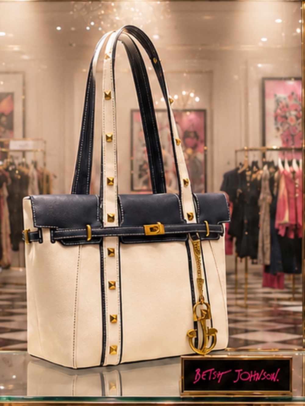Betsey Johnson Shore Thing Belted Canvas Cream and Navy Stud Trim Tote Bag